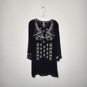 Monoreno Embroidered Black Boho Tunic Top Size L